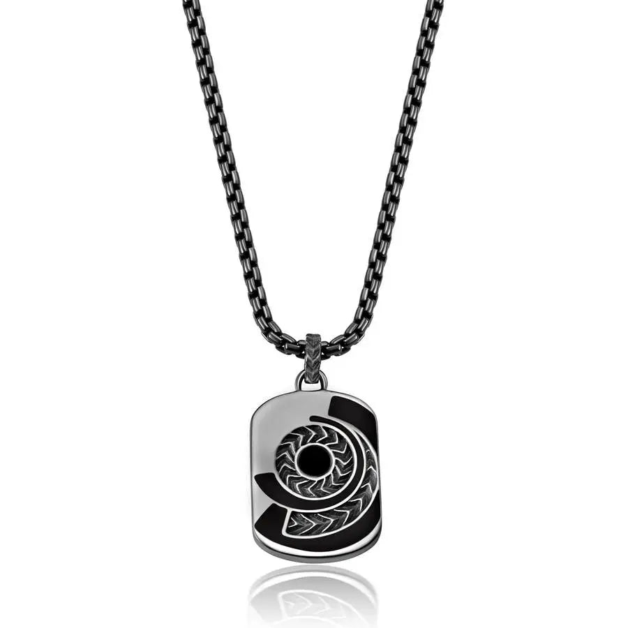 Details:  Gemstone:  .25 Carat of Onyx Metal:  Black Ruthenium Sterling Silver Colors: Yellow Gold, White Gold, Rose Gold Measurements:  22 2mm Round Box Chain, Pendant Measures 19mm X 13mm Finishing:  Black Enamel Accents If an item is out of stock, please allow 4-6 weeks for delivery  Designed by Graziela Gems