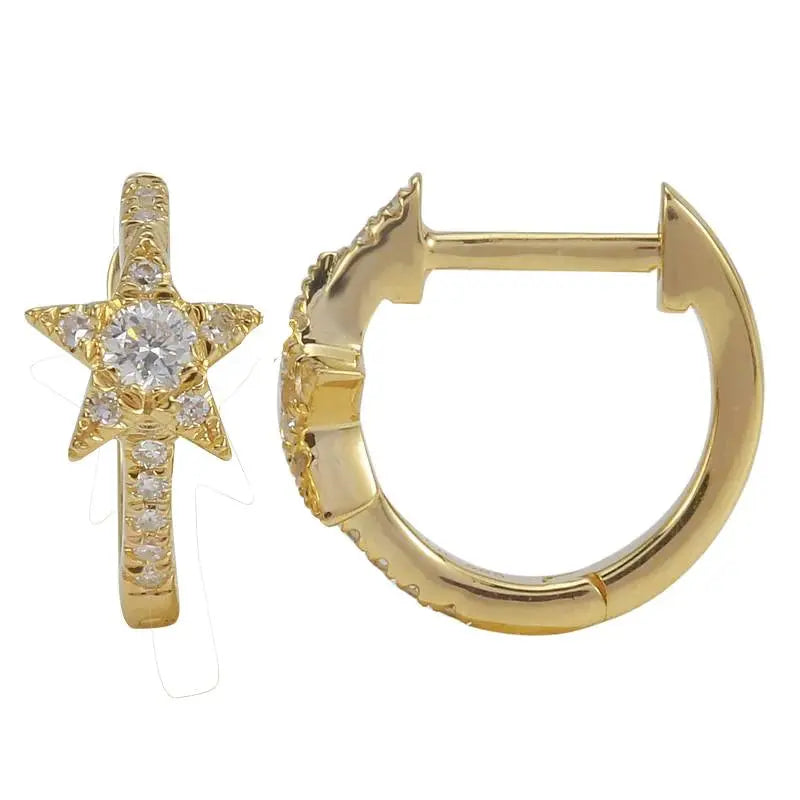 14k gold center star pave huggie hoops. Available in rose, white and yellow gold. Great everyday earrings.