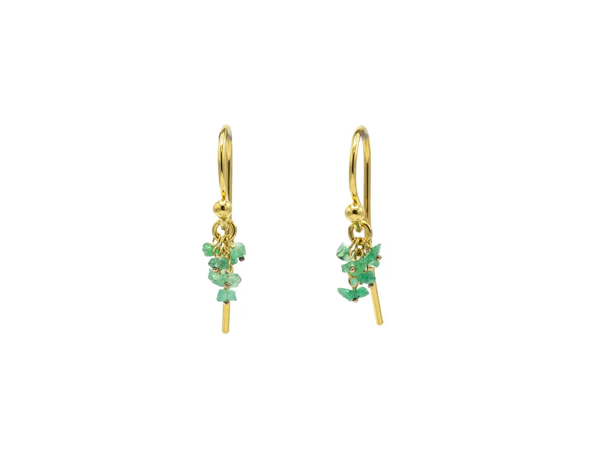 Boucle Gold Drop Earrings, Small Stone Chip Cluster, with Emerald - Squash Blossom Vail