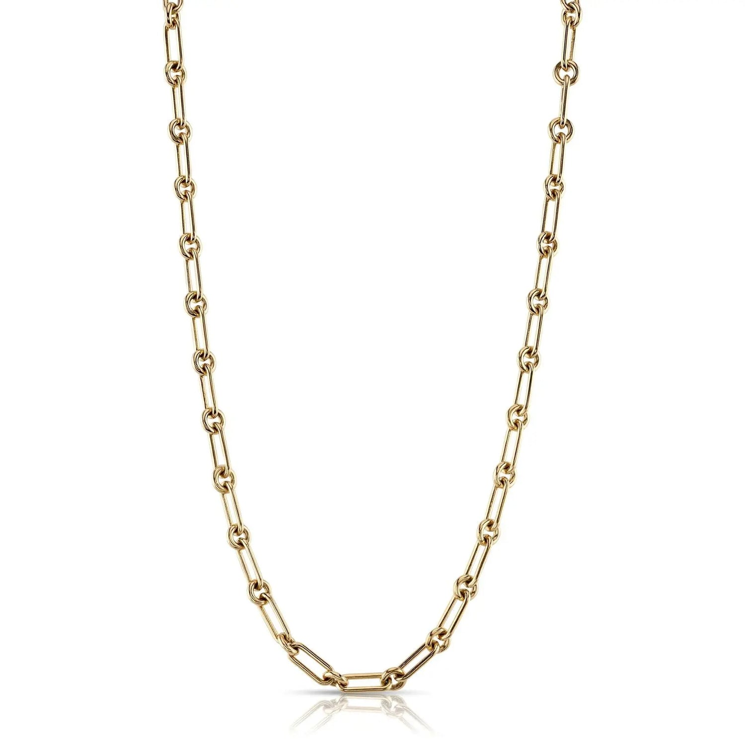Handcrafted 18K Yellow gold long and round link necklace. Handmade Clasp.  Necklace measures 17".  If an item is out of stock, please allow 6-8 weeks for delivery.  Designed by Single Stone and made in LA