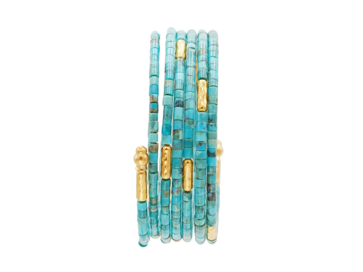 Gurhan Gold Coil Bracelet with Six Strand, from the Jet Set Collection, Blue Rondelle Turquoise measures 48 mm  Wraparound spring bracelet in 24k w/ tube beads and press beads, Hollow, medium size turquoise