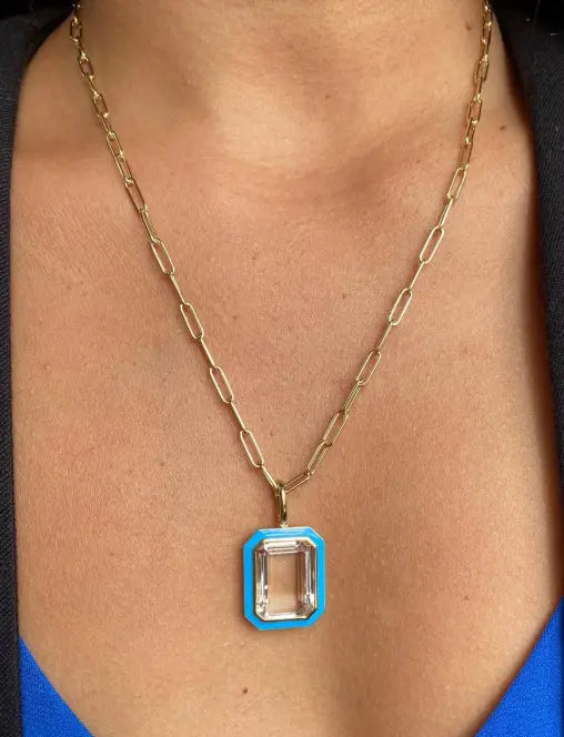 Queen' Flat Rock Crystal Pendant With Turquoise Enamel and Chain - Squash Blossom Vail