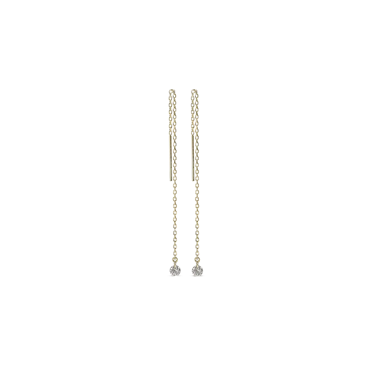 14k yellow gold with a single diamond at the bottom.   Pinhole Threaders  Dimensions: 3 1/8" long  Designed by ILA Collection