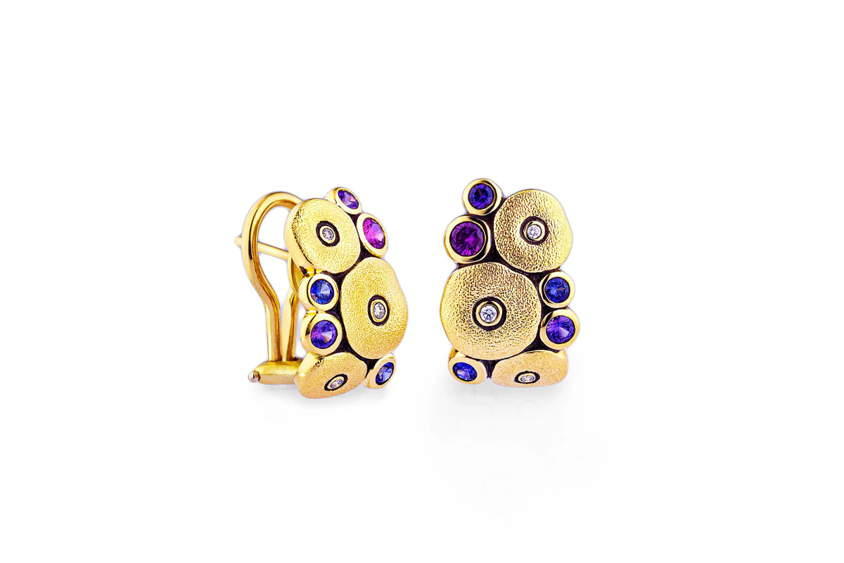 18k yellow gold diamond and sapphire &quot;Orchard&quot; Earrings.  Details: 6 diamonds .04ct and 10 sapphires.   Note: If you are interested in different stones, please email shop@sbvail.com.  If an item is out of stock, please allow 4-6 weeks for delivery.  Designed by Alex Sepkus