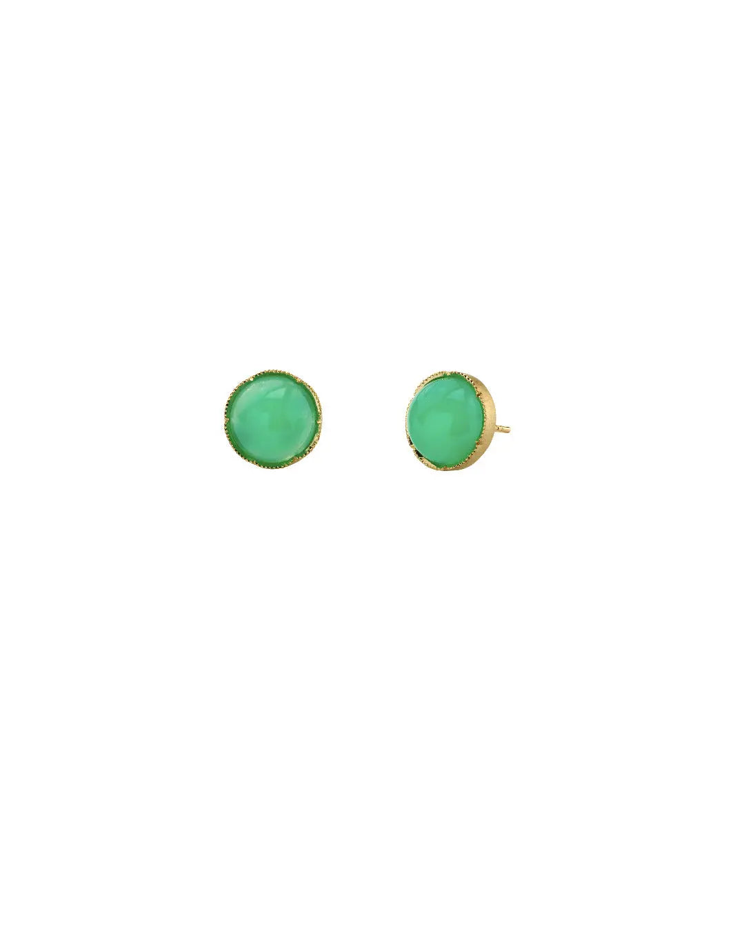 18k yellow gold earrings with 5mm cabochon chrysoprase stones.  Post and nut closure.  If an item is out of stock, please allow 4-6 weeks for delivery. This item is also available in other stones.  Please email shop@sbvail.com for questions.   Designed by Irene Neuwirth