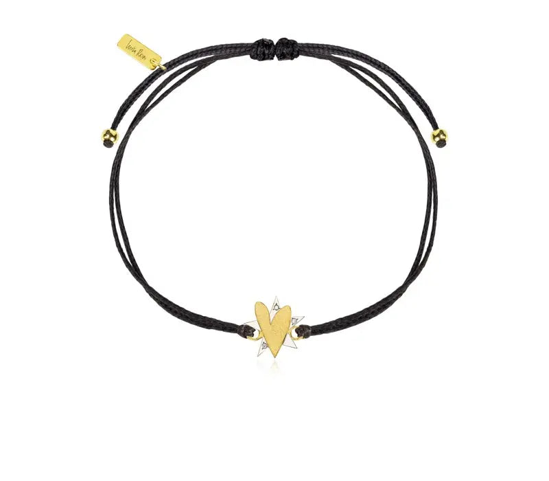 18k Yellow gold Caring Tales &quot;Heart&quot; Bracelet with .020 cttw diamonds on black leather and adjustable  Designed by Luisa Rosas and made in Portugal
