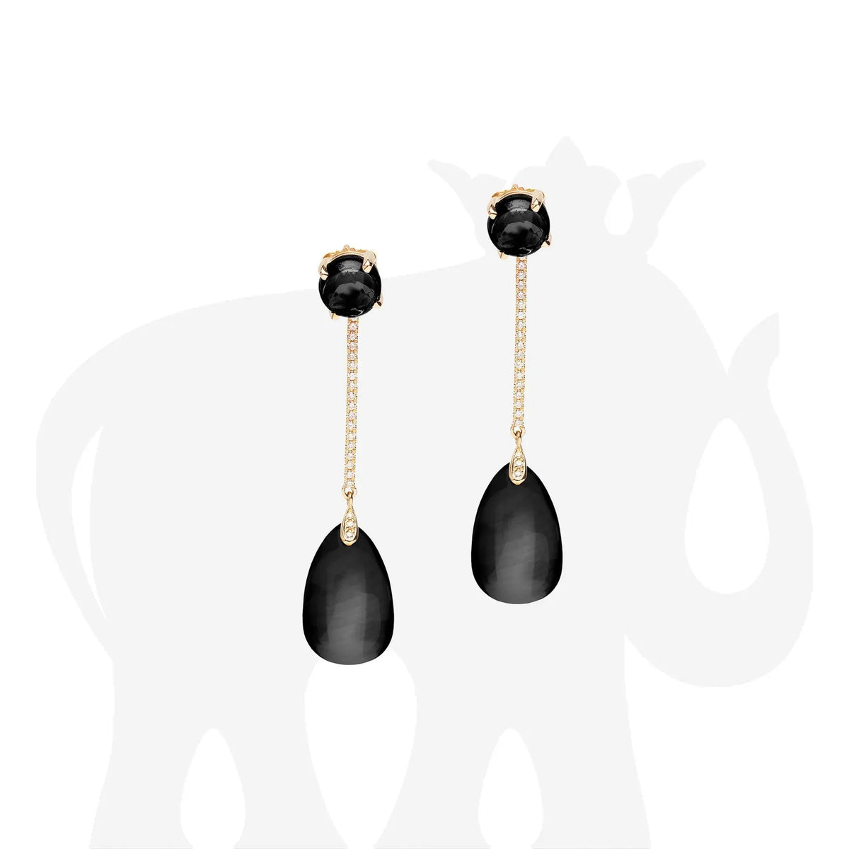 Naughty&#39; Onyx Cabochon &amp; Drop Long Earrings with Diamond in 18k yellow. The stone size is 19 x 12 mm &amp; 8 mm. The onyx is 38.89 cttw and the diamonds are 0.28 cttw.
