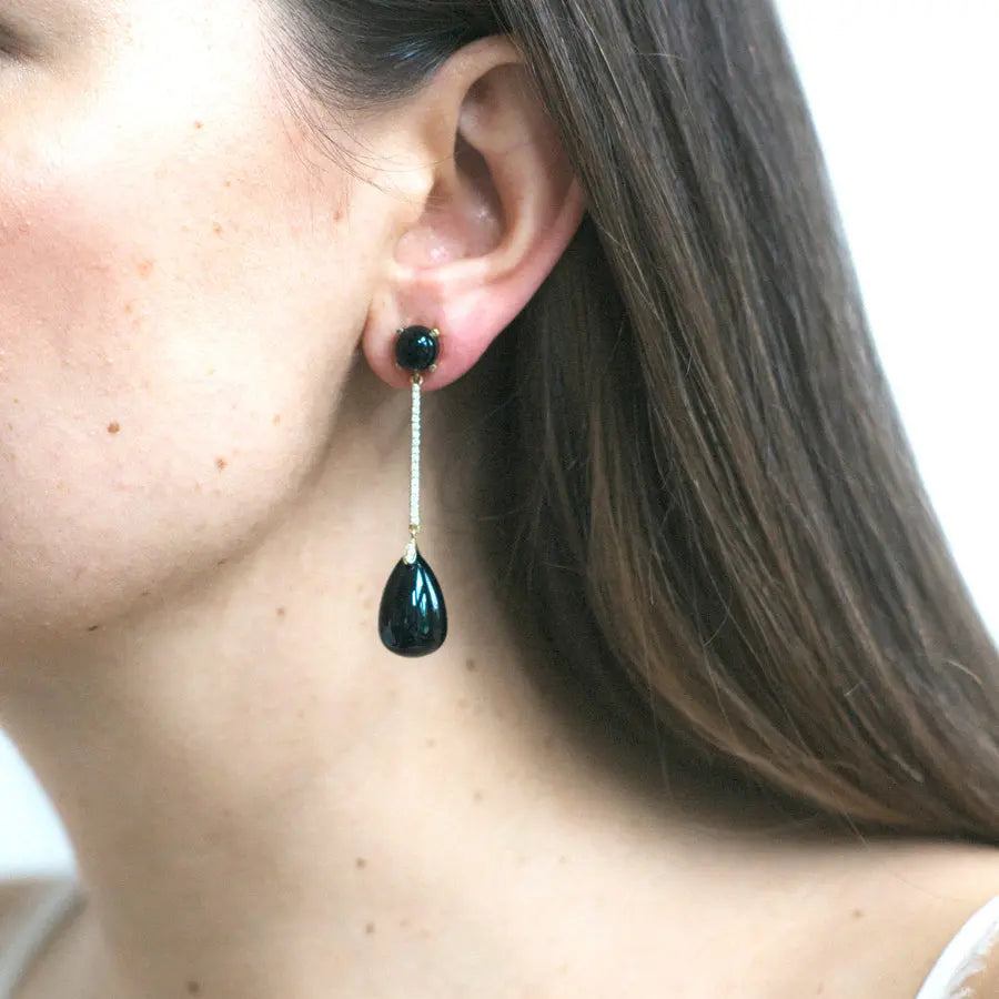 Naughty&#39; Onyx Cabochon &amp;amp; Drop Long Earrings - Squash Blossom Vail