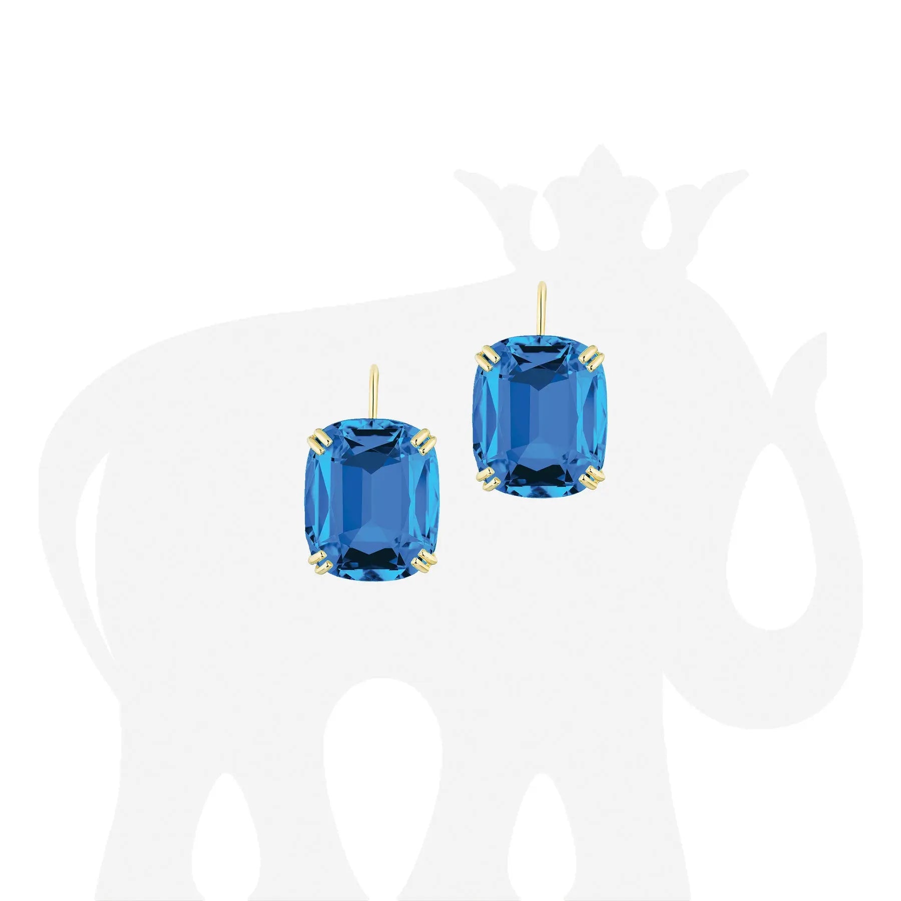 Gossip' London Blue Topaz Cushion Earrings on Wire. The earrings are gorgeous. They are set in 18k yellow gold. The stones measure ~ 18x15mm and carat weight is ~29.05 ctts