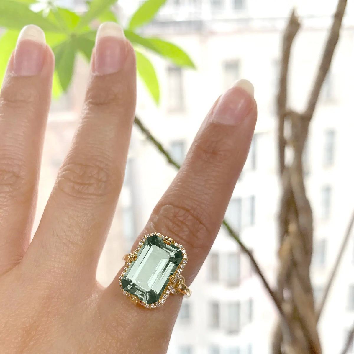 Prasiolite Emerald Cut Ring with Diamonds - Squash Blossom Vail