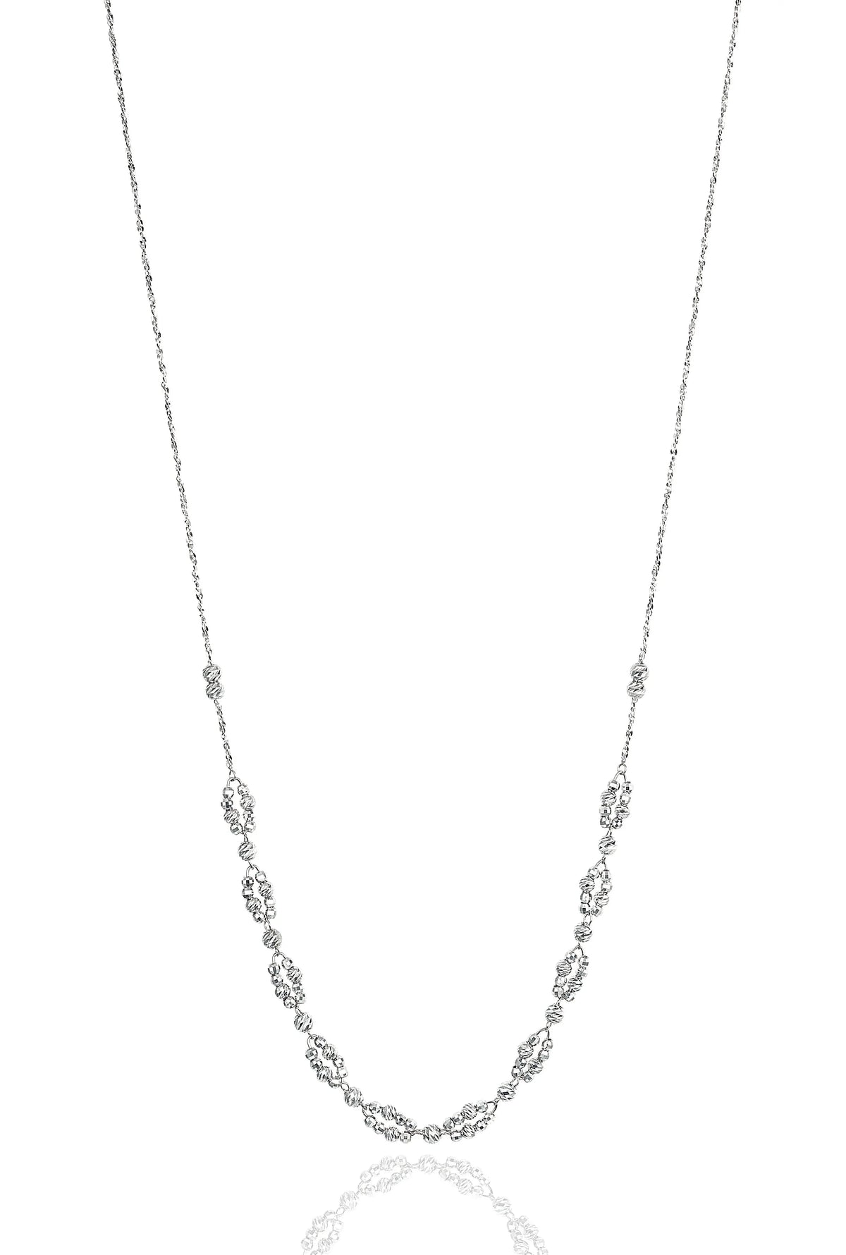 Brilliant beads are threaded by hand into radiant ellipses that create a chain within a chain. Jill is both classic and contemporary, a true design achievement, adding a simple but striking elegance to any style.. Designed by Platinum Born