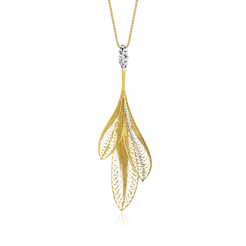 Luz Feather Necklace in 18k yellow and white gold with .25 cttw diamonds.  18k yellow gold diamond feathers 3 pieces pendant necklace  Weight: 0.384 oz  CT Diamond: 0.25 ROUND VS G   Designed by Luisa Rosas and made in Portugal
