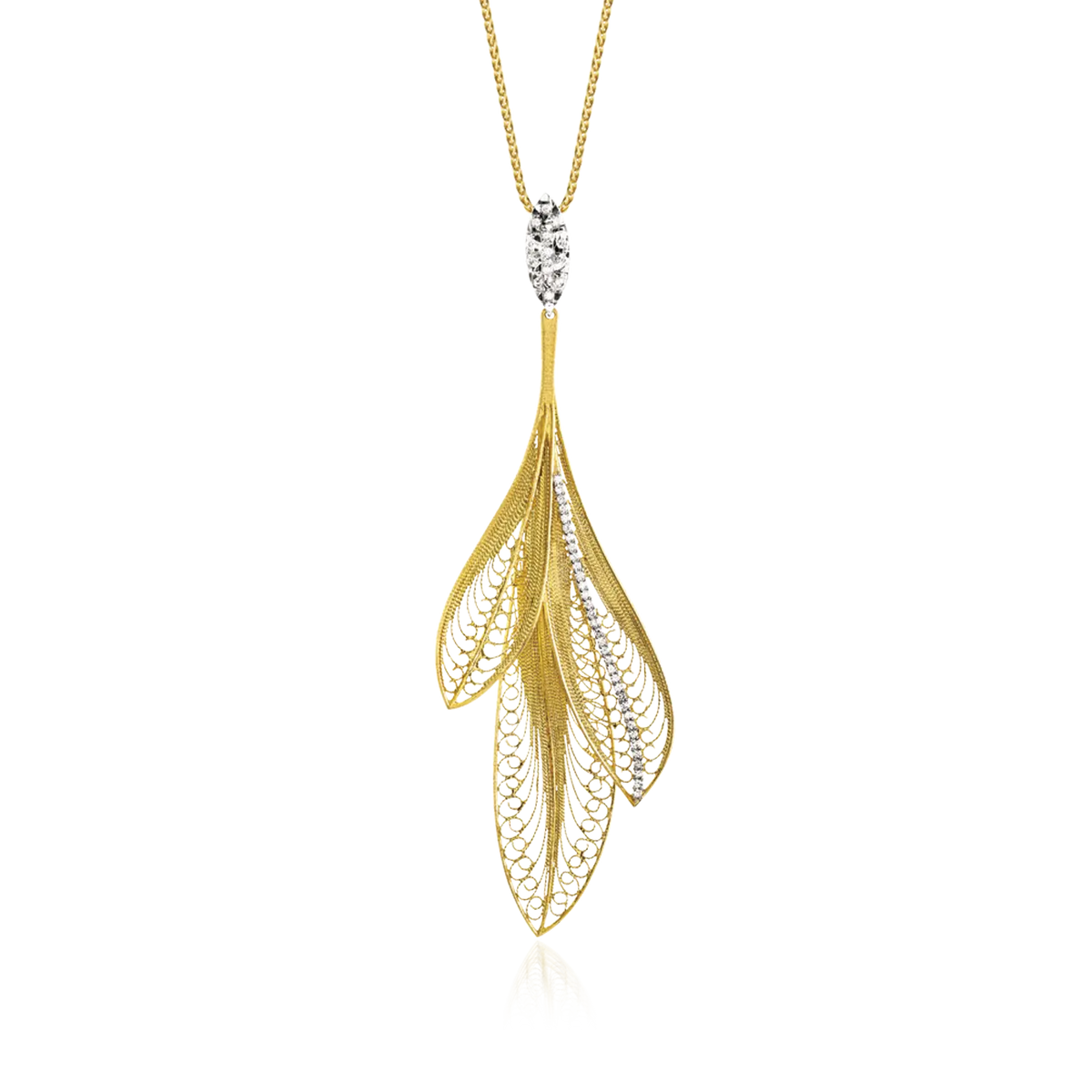 Luz Feather Necklace in 18k yellow and white gold with .25 cttw diamonds.  18k yellow gold diamond feathers 3 pieces pendant necklace  Weight: 0.384 oz  CT Diamond: 0.25 ROUND VS G   Designed by Luisa Rosas and made in Portugal