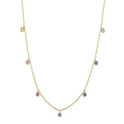 18K Yellow Gold with .90ct of Multicolor Round Sapphires  Hanging Rainbow Chain Necklace with Sapphire, Amethyst, Tanzanite, & Aquamarine  Length: 18 inches  Designed by Penny Preville