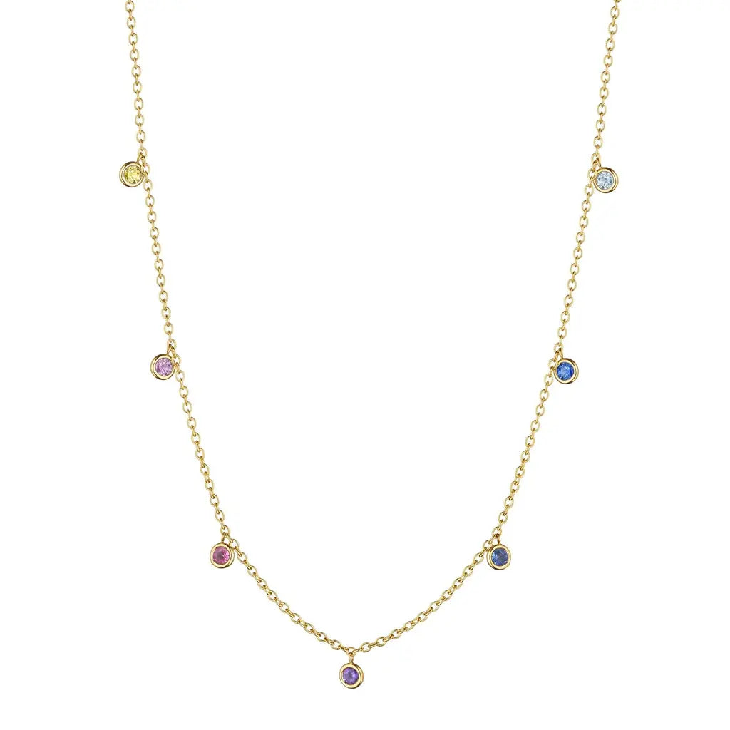18K Yellow Gold with .90ct of Multicolor Round Sapphires  Hanging Rainbow Chain Necklace with Sapphire, Amethyst, Tanzanite, &amp; Aquamarine  Length: 18 inches  Designed by Penny Preville