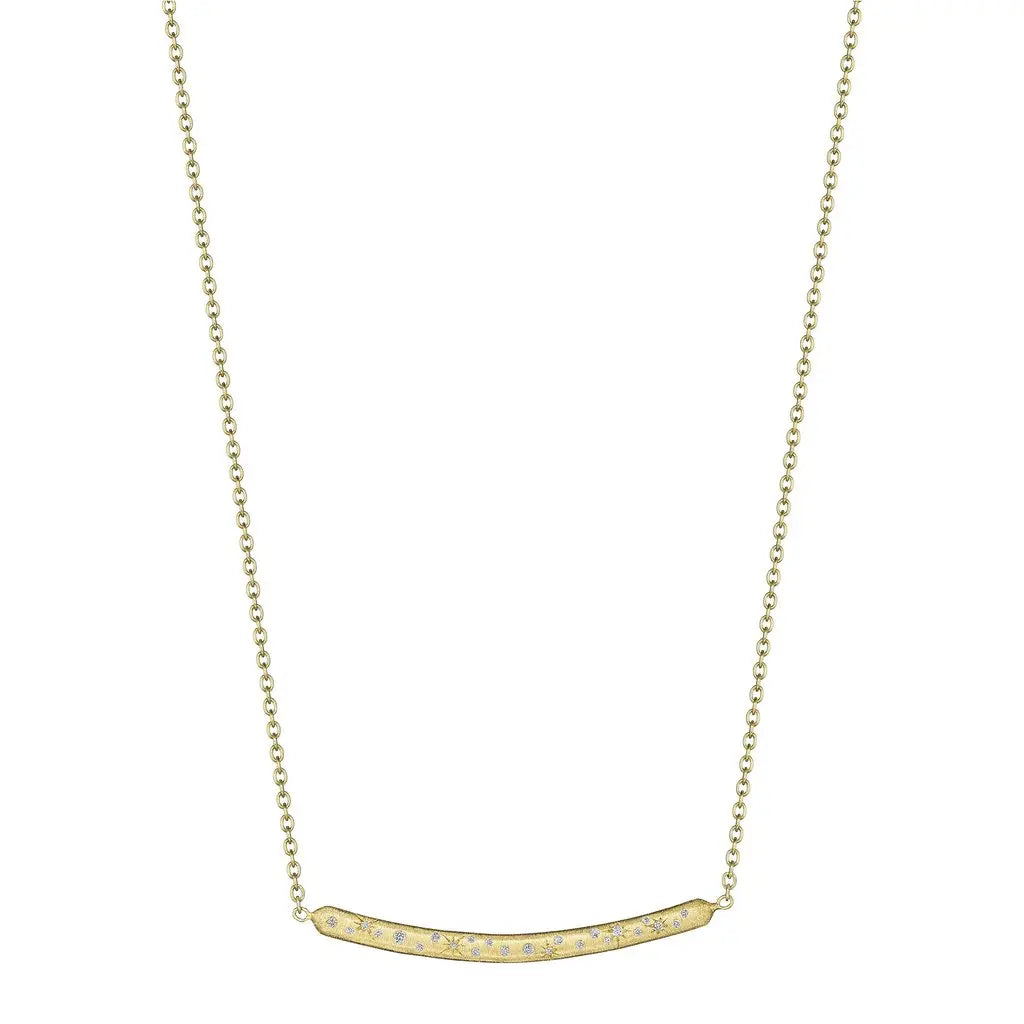 18K Yellow gold with .15ct Diamond Thin Galaxy Bar Necklace  Length: 18 inches  Designed by Penny Preville and made in NY