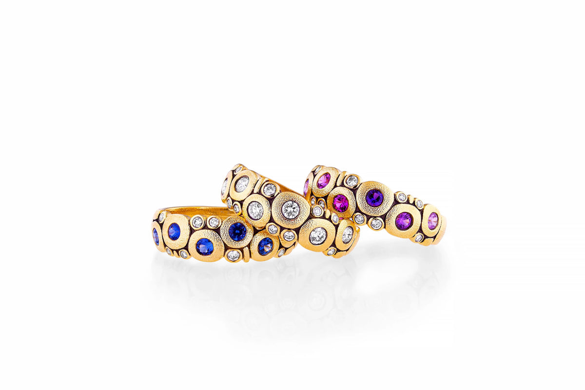 18k yellow gold &quot;Candy Dome&quot; ring with sapphire and diamonds Details: 9 white diamonds .12ct and 6 blue sapphires designed by Alex Sepkus made in NYC