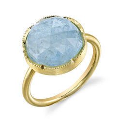 18k yellow gold ring with cabochon aquamarine stone.  Measures 11 mm in diameter.  Size 6.5.  If you need a different size, please email shop@sbvail.com. Special orders take 4-6 weeks for delivery.   Designed by Irene Neuwirth