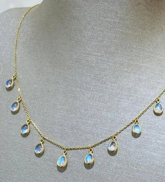 Rainbow Moonstone P/S Necklace In 18K Yellow Gold - Squash Blossom Vail