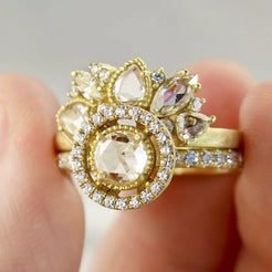 SIGNATURE ROSE CUT HALO RING WITH DIAMOND BAND - Squash Blossom Vail