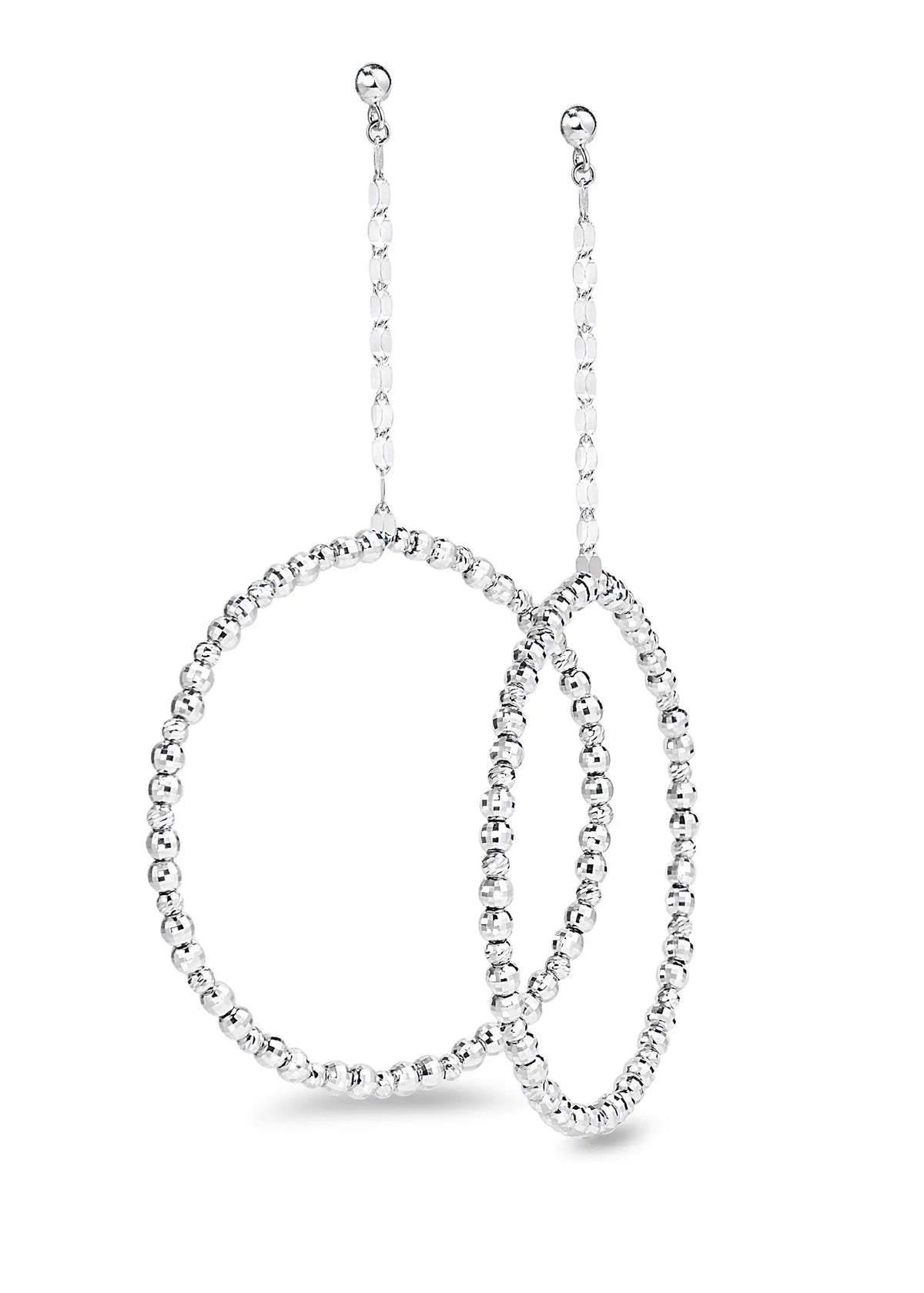 A full circle of tiny, glimmering platinum beads are strung along a flexible wire that hangs from flat, petals of platinum.  Product Details:  Platinum Post and Silicone Catch 2.9 Inches 1.57 Inch Diameter Designed by Platinum Born  If an item is out of stock, please allow 3-6 weeks for delivery