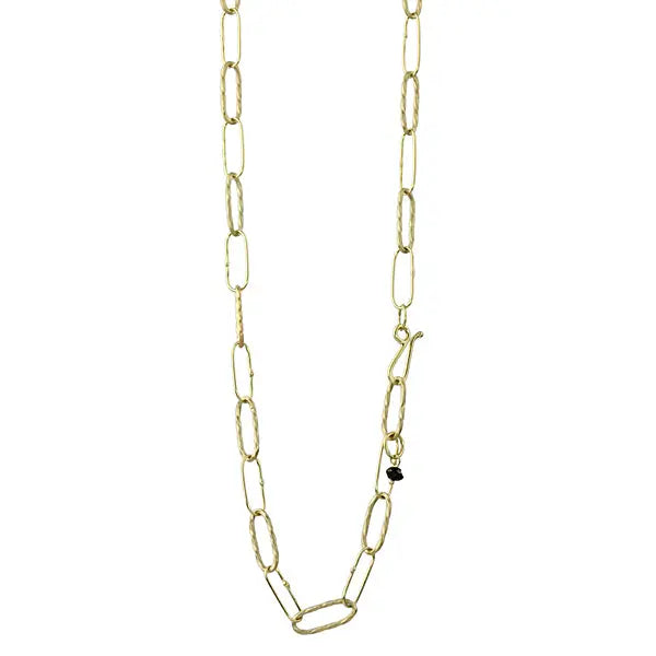 Handmade chain with alternating hand twisted 18k yellow gold links. Can be worn as a necklace at 21&quot;, as a lariat, or wrapped 3 times around the wrist as a bracelet. A faceted black diamond bead at the clasp finishes the piece.