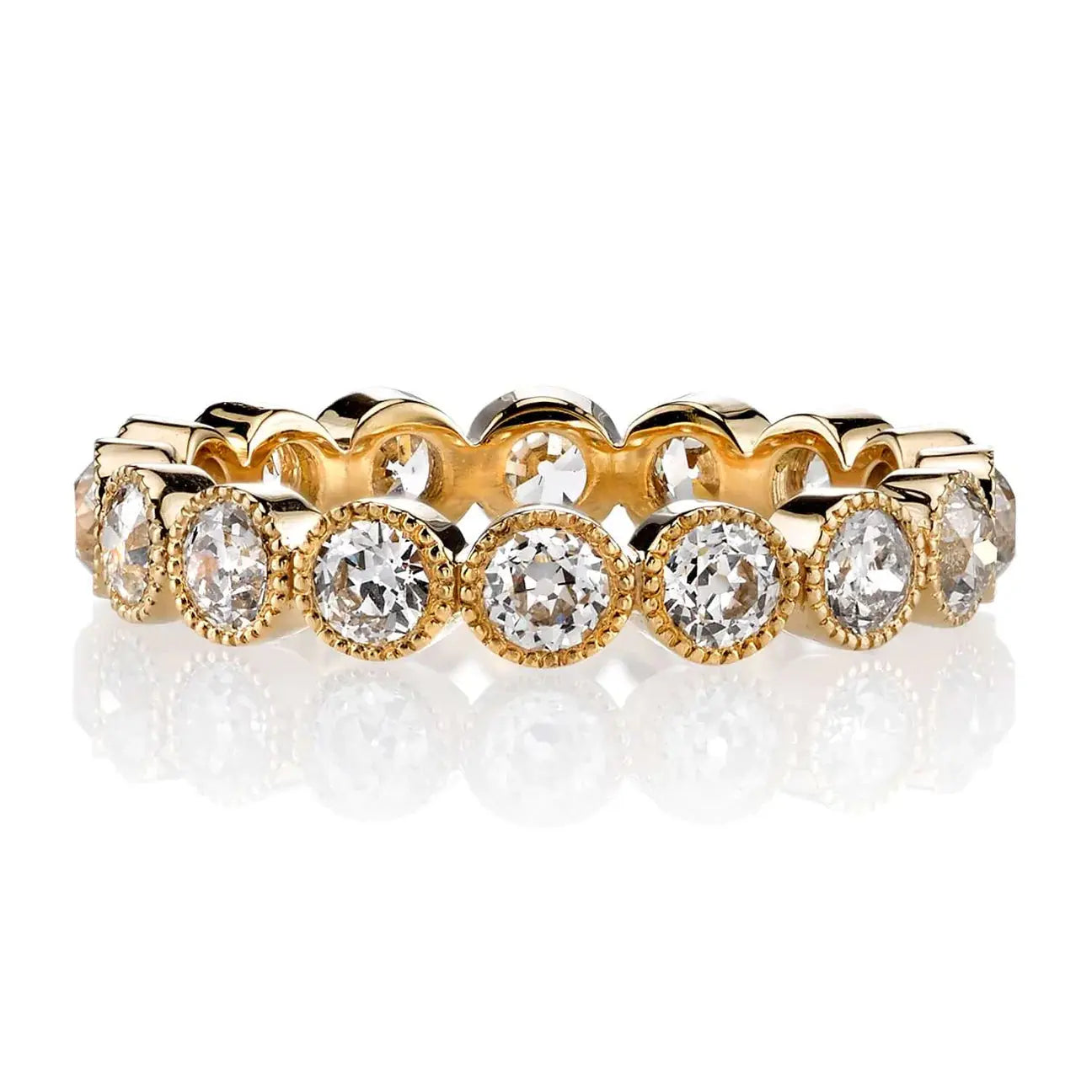 18k yellow gold Medium Gabby Band with Approximately 1.75ctw old European cut diamonds set in a handcrafted bezel set eternity band. Ring size is 6.5. If you need a different size, please email shop@sbvail.com