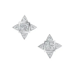 Four princess diamonds are set by a square frame and finished with four trillion shaped diamonds. These earrings are a perfect alternative to traditional diamond studs and feature 1.28 ctw of white diamonds.  If item is out of stock, please allow 4-6 weeks for delivery  Designed by Meredith Young