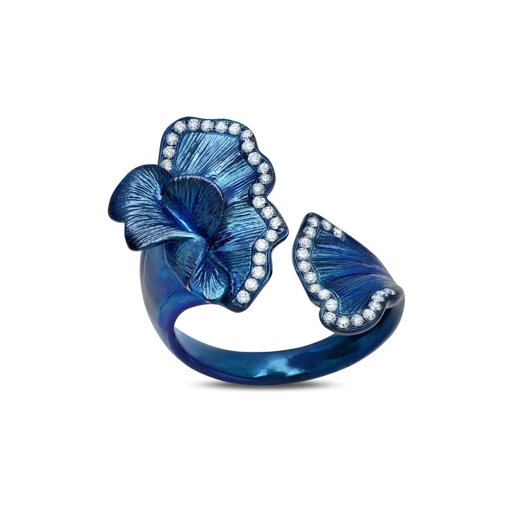 Gemstone:  .30 Carats of G-H Color White Diamonds  Metal:  Titanium, 4.19 Grams  Colors: Blue Titanium  Ring Size 7  If you need a different size, please email shop@sbvail.com  Designed by Graziela Gems