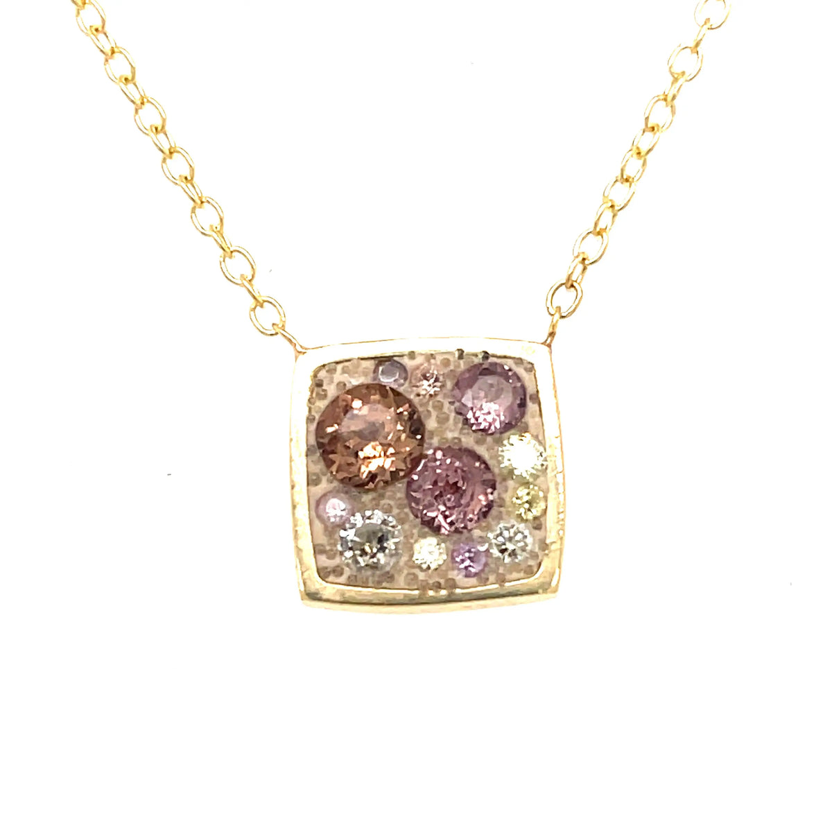 14k yellow gold square gold pendant with garnet and diamonds on a 18 inch chain  One of a kind  Designed by Miles McNeel