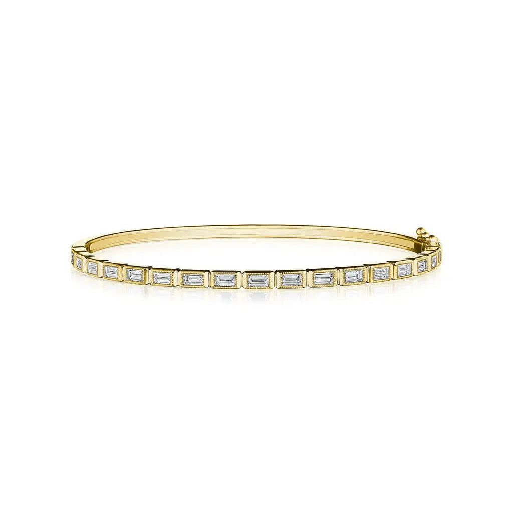 Thin Diamond Baguette Milgrain Bezel Bangle Bracelet - Squash Blossom Vail