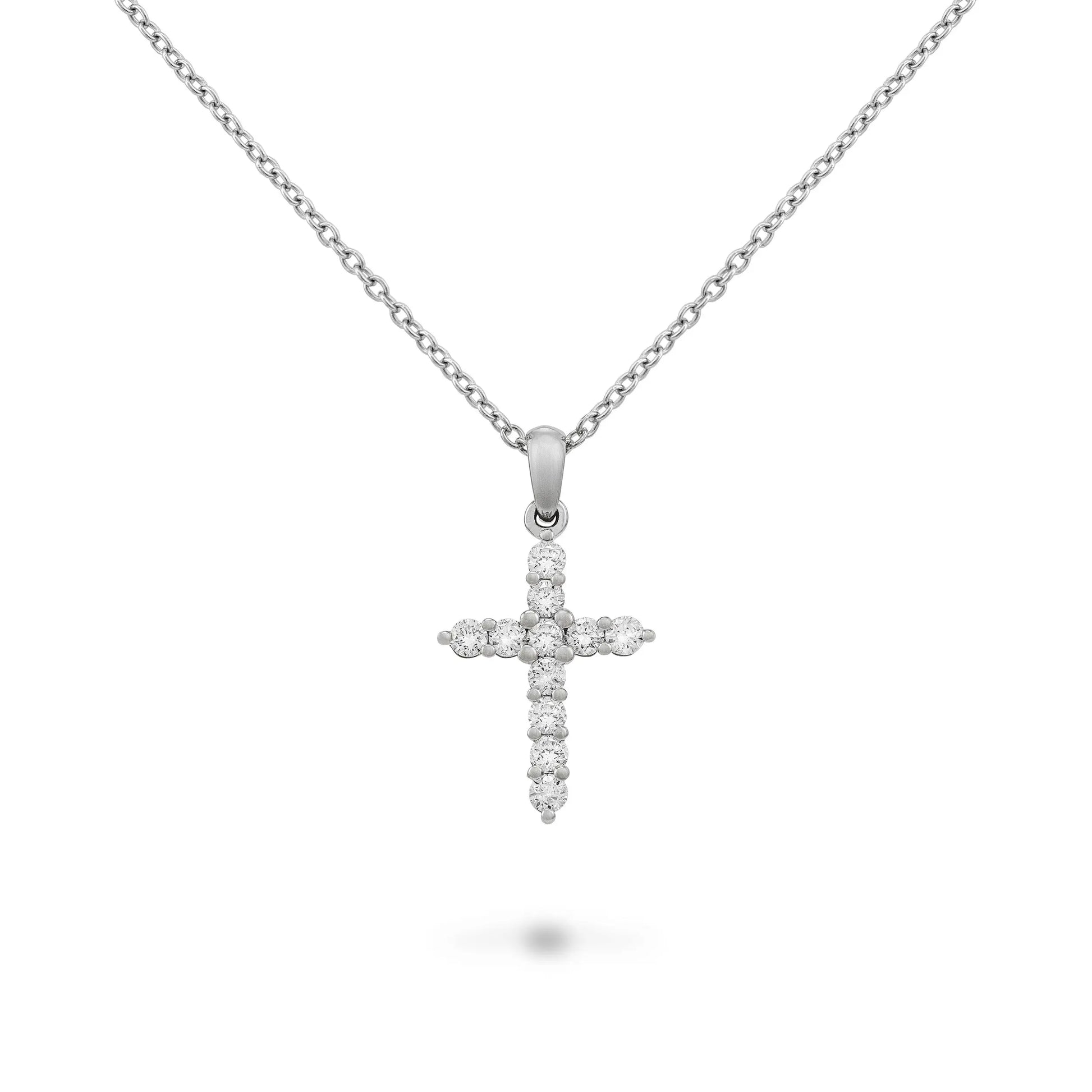 18k white gold with pave diamonds .45 cttw cross necklace  Chain length: 18 inches   Designed by Piero Milano