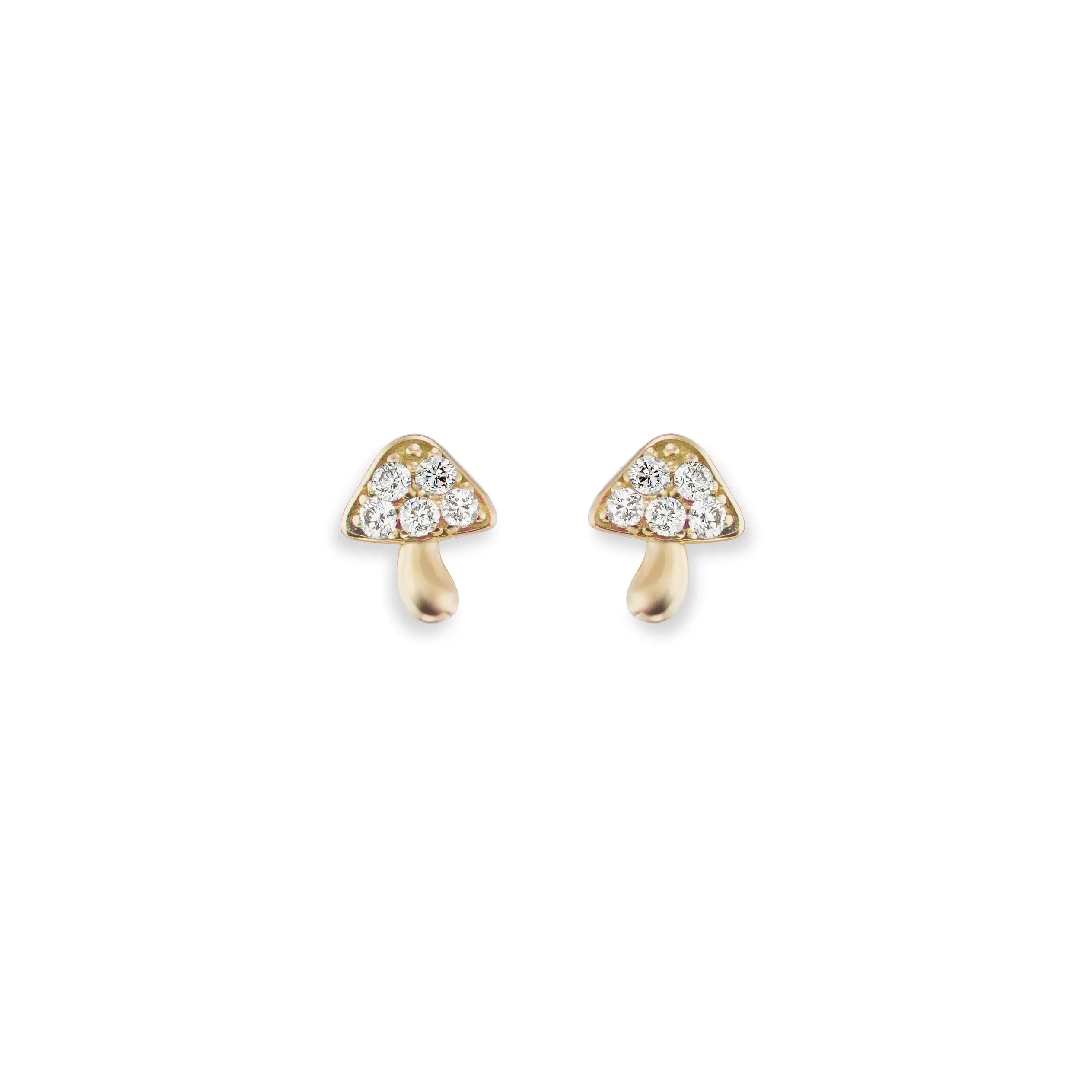 Brent Neale earrings were inspired by fairy tales.  The 18k yellow gold mushrooms are  set with brilliant white diamonds. Worn in a first or second piercing, these would be a fun addition to your collection. The measure 4.5mm x 5.5mm and 1mm diameter each. Sold as a pair.