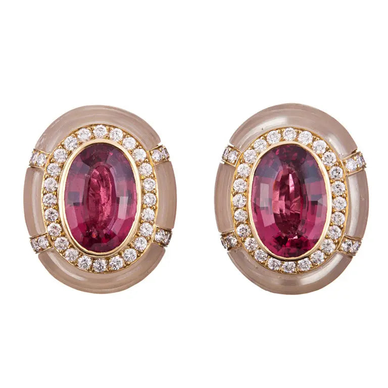 Rubelite, Carved Rock Crystal, &amp;amp; Diamond Earrings - Squash Blossom Vail