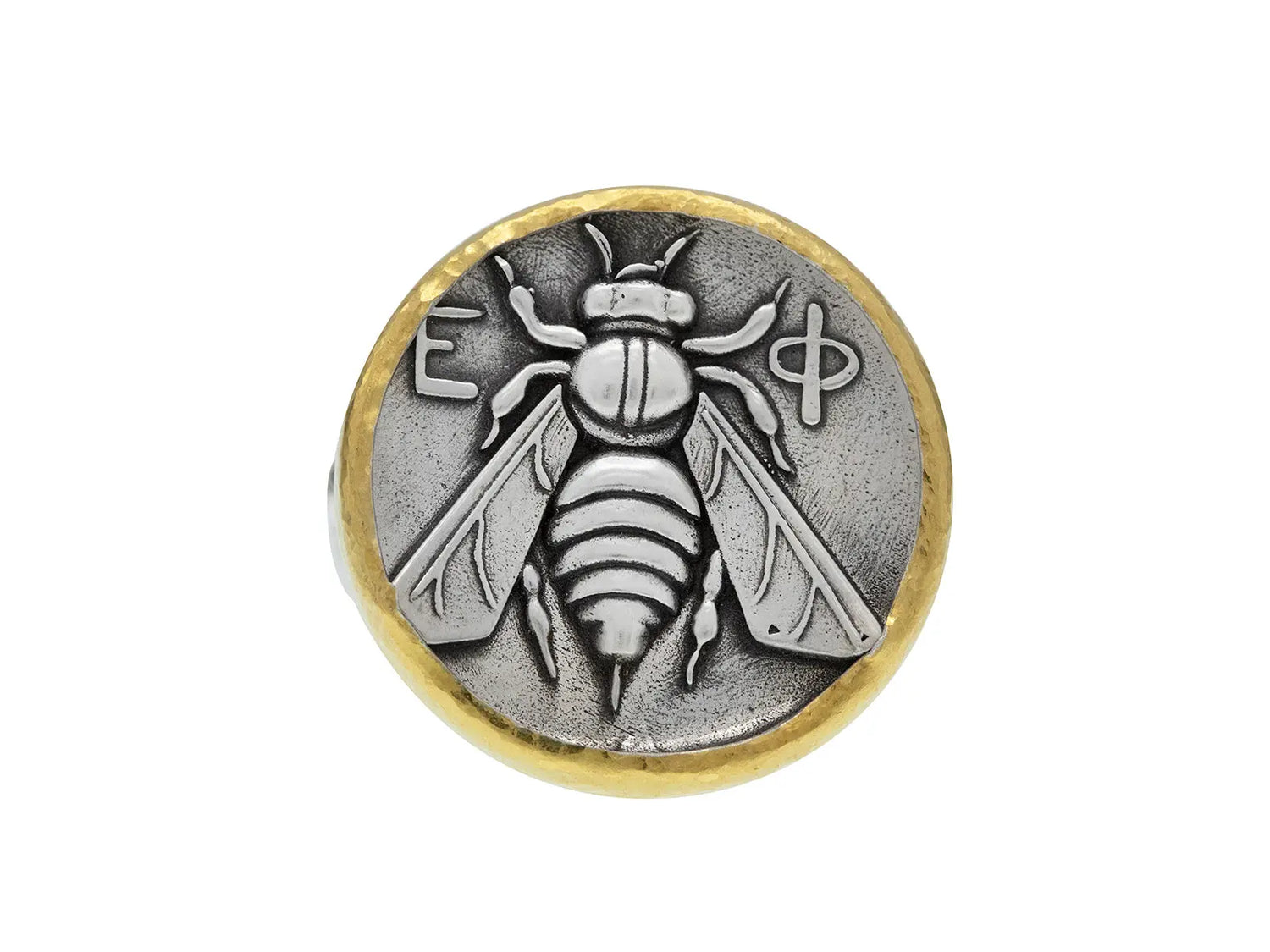 A Center Stone Ring in Sterling Silver with 24k Gold Bonded with Bee Emblemfrom the Coin Collection. Ring Size 6.5. If you need a different size, please email shop@sbvail.com.   Designed by Gurhan