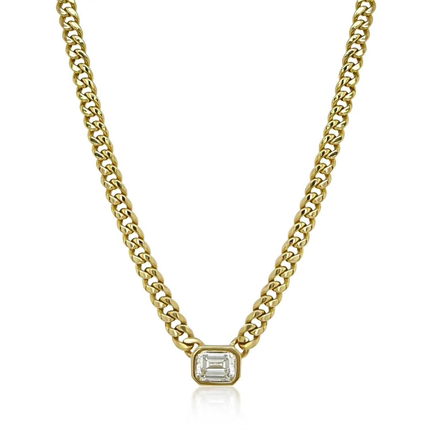 14k Yellow Gold Bezel Emerald Diamond Cuban Necklace  Details:  Emerald Diamond 0.48ct. Weight: 4.80 Length: 16" If an item is out of stock, please allow 6-8 weeks for delivery