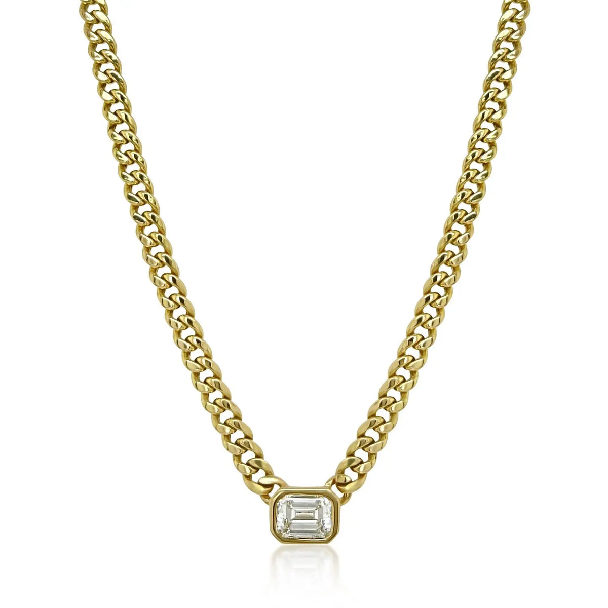 14k Yellow Gold Bezel Emerald Diamond Cuban Necklace  Details:  Emerald Diamond 0.48ct. Weight: 4.80 Length: 16&quot; If an item is out of stock, please allow 6-8 weeks for delivery