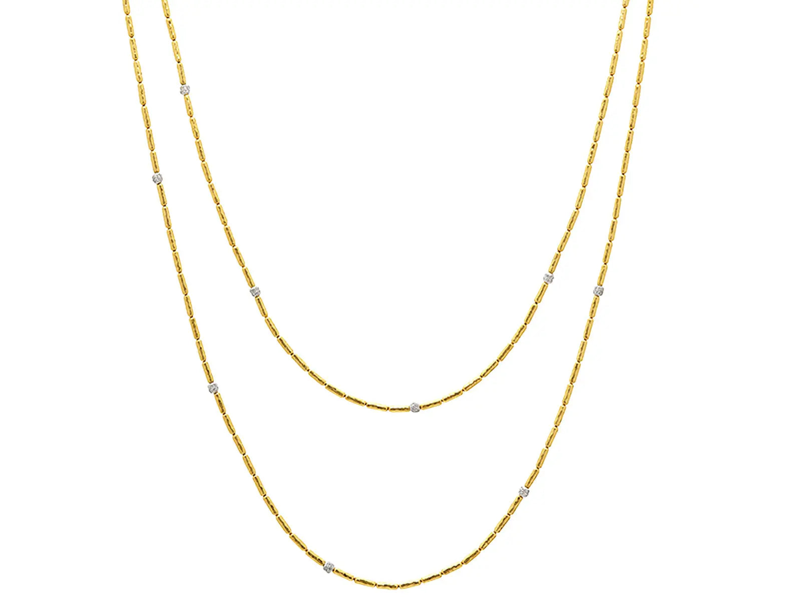 Gurhan's Single Strand Necklace in 24k yellow gold and pave diamonds. It has 10 pave diamond stations measuring 3.5mm wide with hammered beads. The necklace measures 36-38 inches.