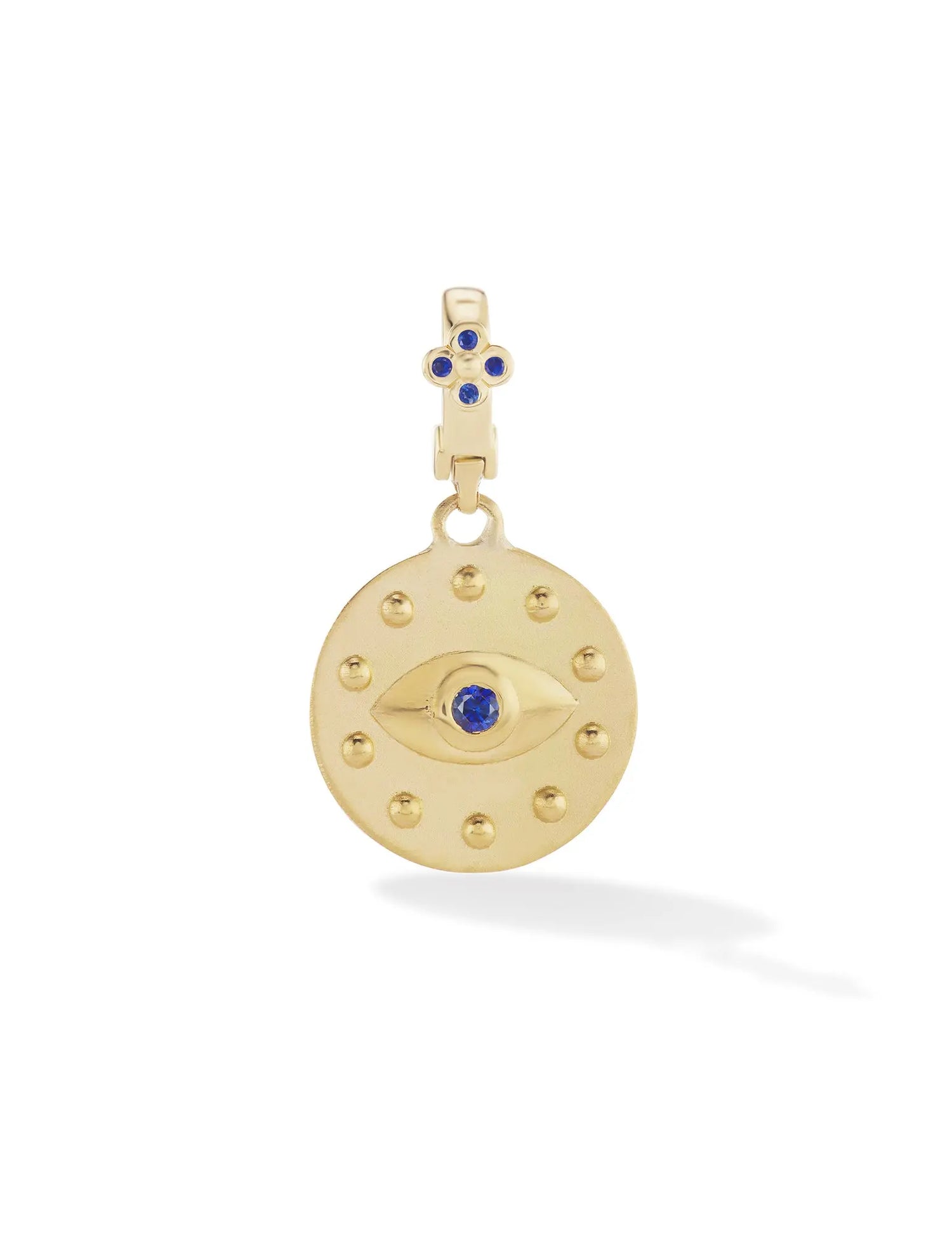 18k yellow gold blue sapphire evil eye pendant. Designed by Orly Marcel