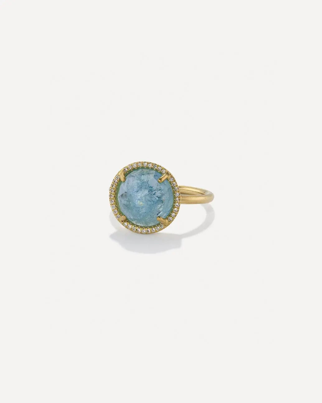 Classic 18k Yellow Gold Ring with 11mm rose cut aquamarine surrounded by Diamond Pave G-H Color/VS-S1  .13 diamond cttw  Ring Size: 7  If you need a different size, please email shop@sbvail.com  Designed by Irene Neuwirth
