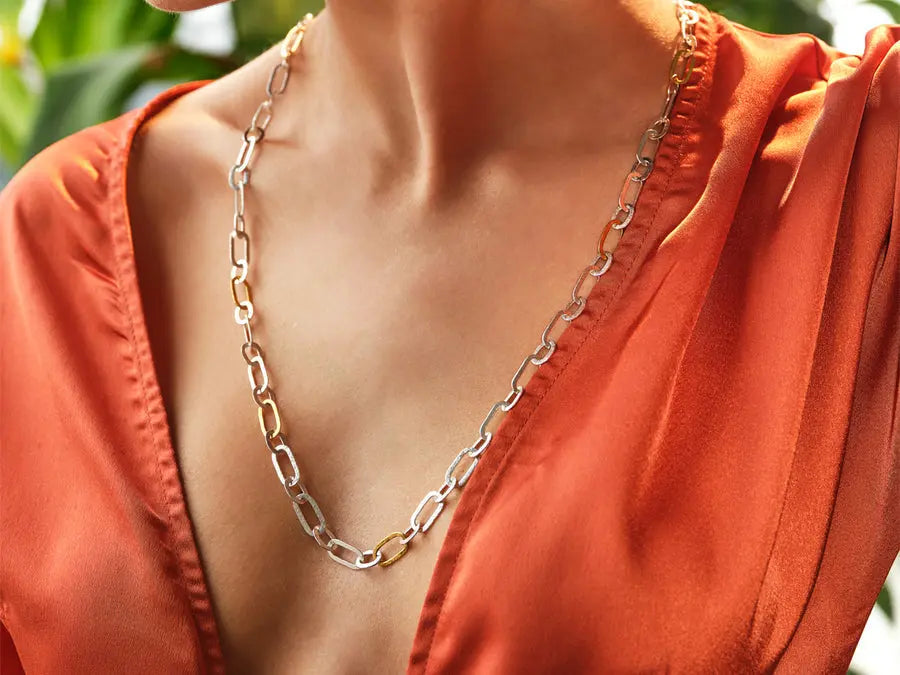 Mango Sterling Silver Link Necklace, Long Flat Rectangle - Squash Blossom Vail