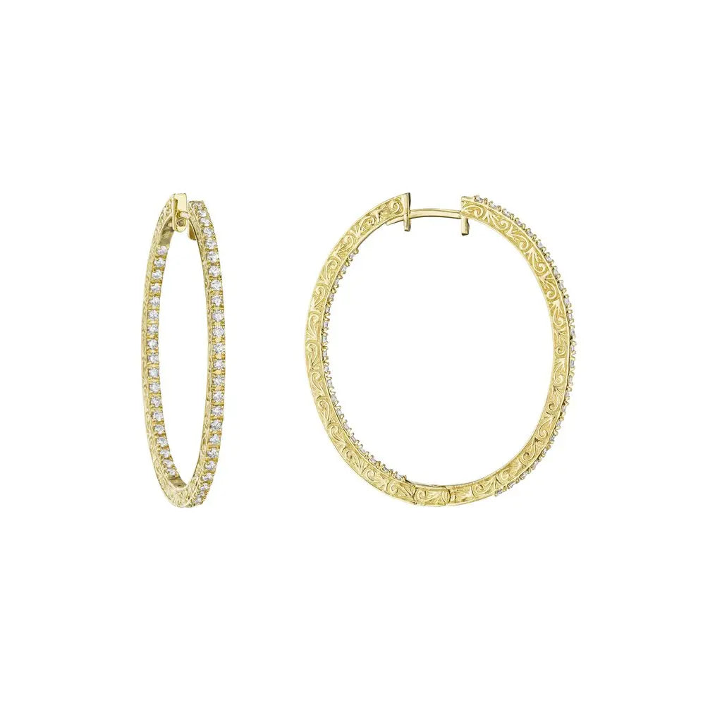 18k Yellow Gold Oval Hoop Earrings with Engraving on Posts  Diamond .84 cttw  Designed by Penny Preville