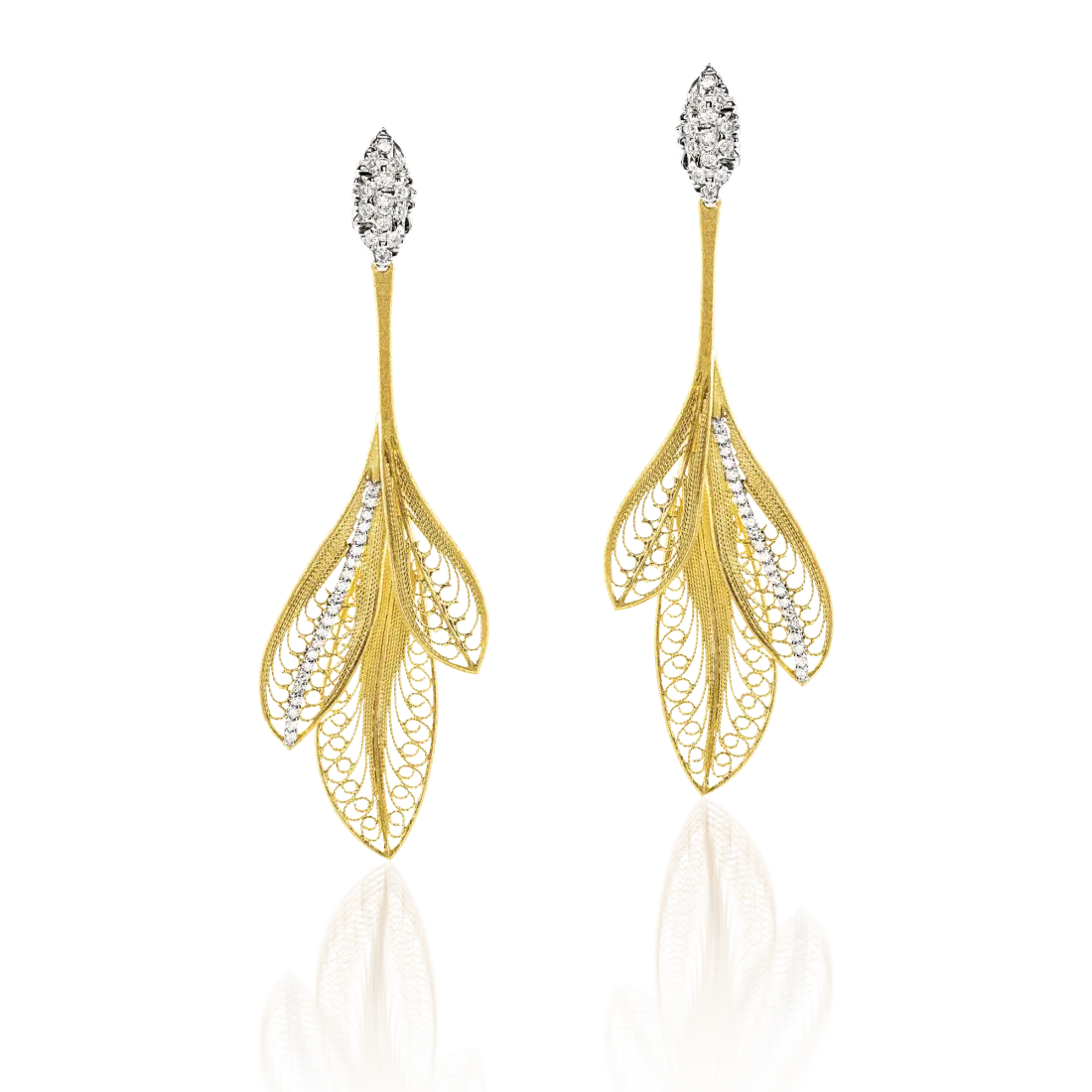 Drop earrings in 18k yellow and white gold with .38 cttw diamonds.  Details:  Approximate dimensions: 60 mm x 19 mm. Approx. gold weight: 9.10 g 70 round brilliant-cut VS G diamonds totalling 0.38 ct Designed by Luisa Rosas and made in Portugal
