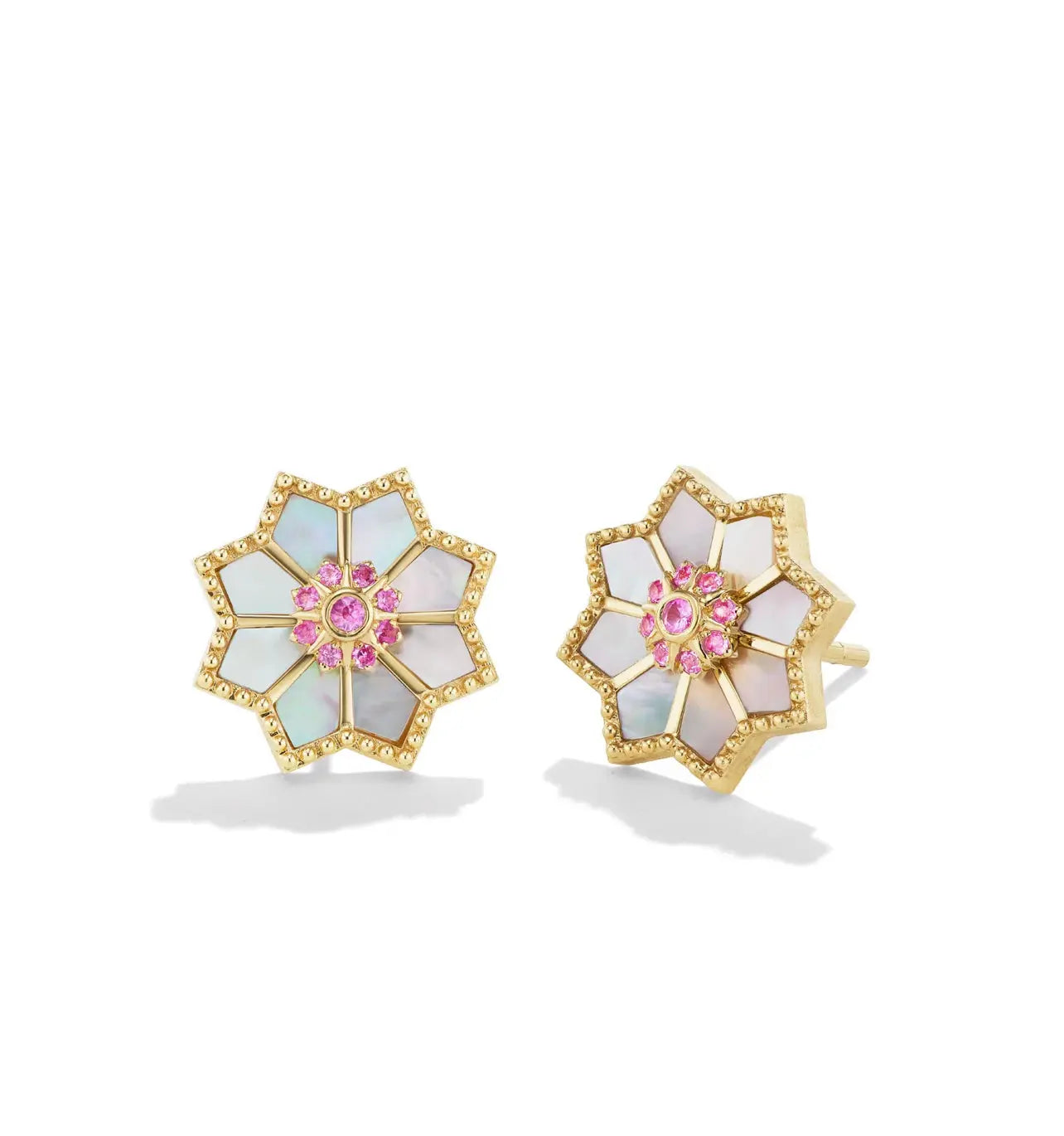 Mother of Pearl and Pink Sapphire Fez Stud Earrings - Squash Blossom Vail