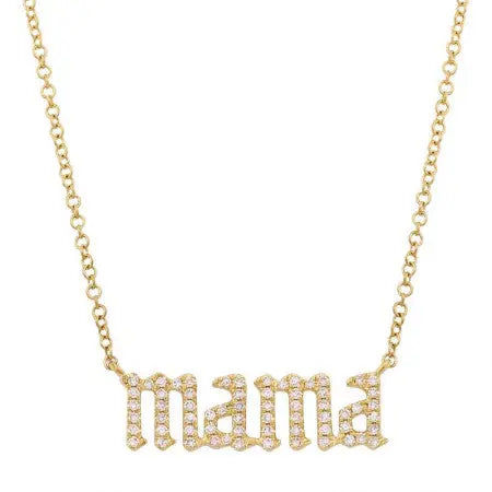 14k Yellow Gold Mama Diamond Necklace. Chain length 18 inches with a jump ring at 16in. The Mama dimensions are 21mm X 6mm  and Chain Thickness: 1.1mm