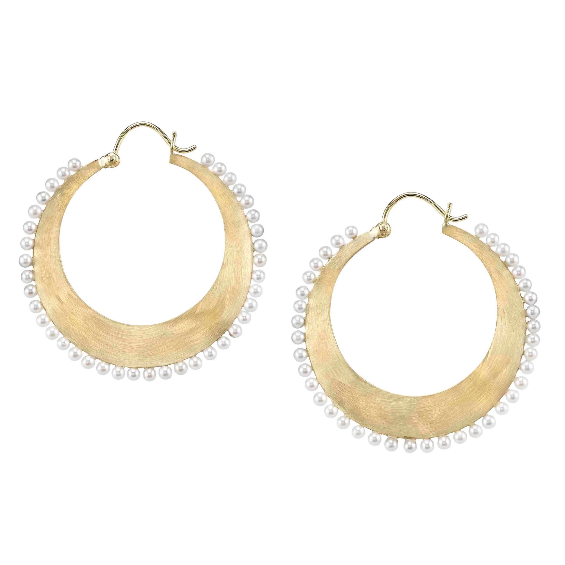 Amazing hoops with 2mm white round cultured Akoya Pearls in 18k yellow gold.  Measures 1.5 inches long.   If an item is out of stock, please allow 3-6 weeks for delivery.   Designed by Irene Neuwirth