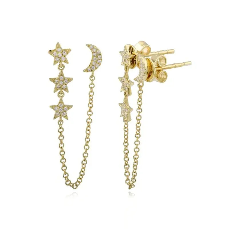 14K yellow gold  Moon & Star Double Stud Diamond Earrings. The carat weight is .12 cttw with 58 diamonds. The total weight of the earrings are 2.45g. The chain is 1.5inch and the Star: 4.5mm and Moon: 3.5x5mm