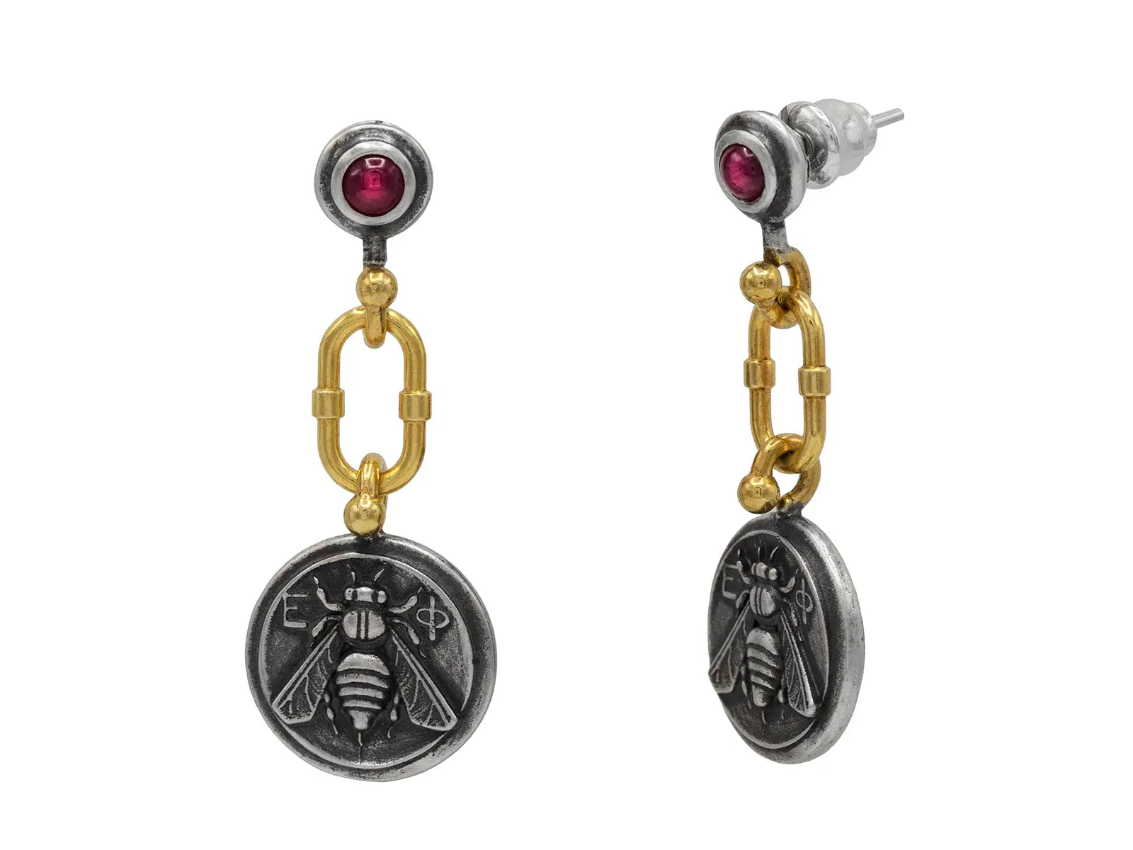 GURHAN Coin Sterling Silver Single Drop Earrings, Bee Emblem, with Ruby &amp; Gold Accents - Squash Blossom Vail