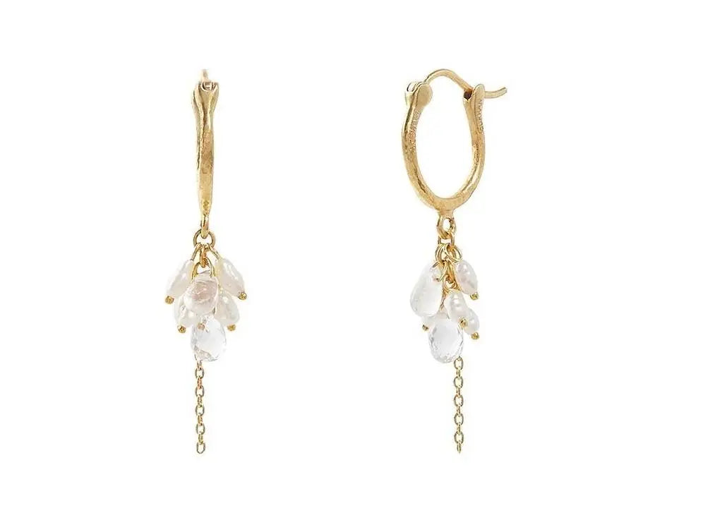 Dew Pearl Gold Tassel Earrings, Small Hoop, with Pearl - Squash Blossom Vail