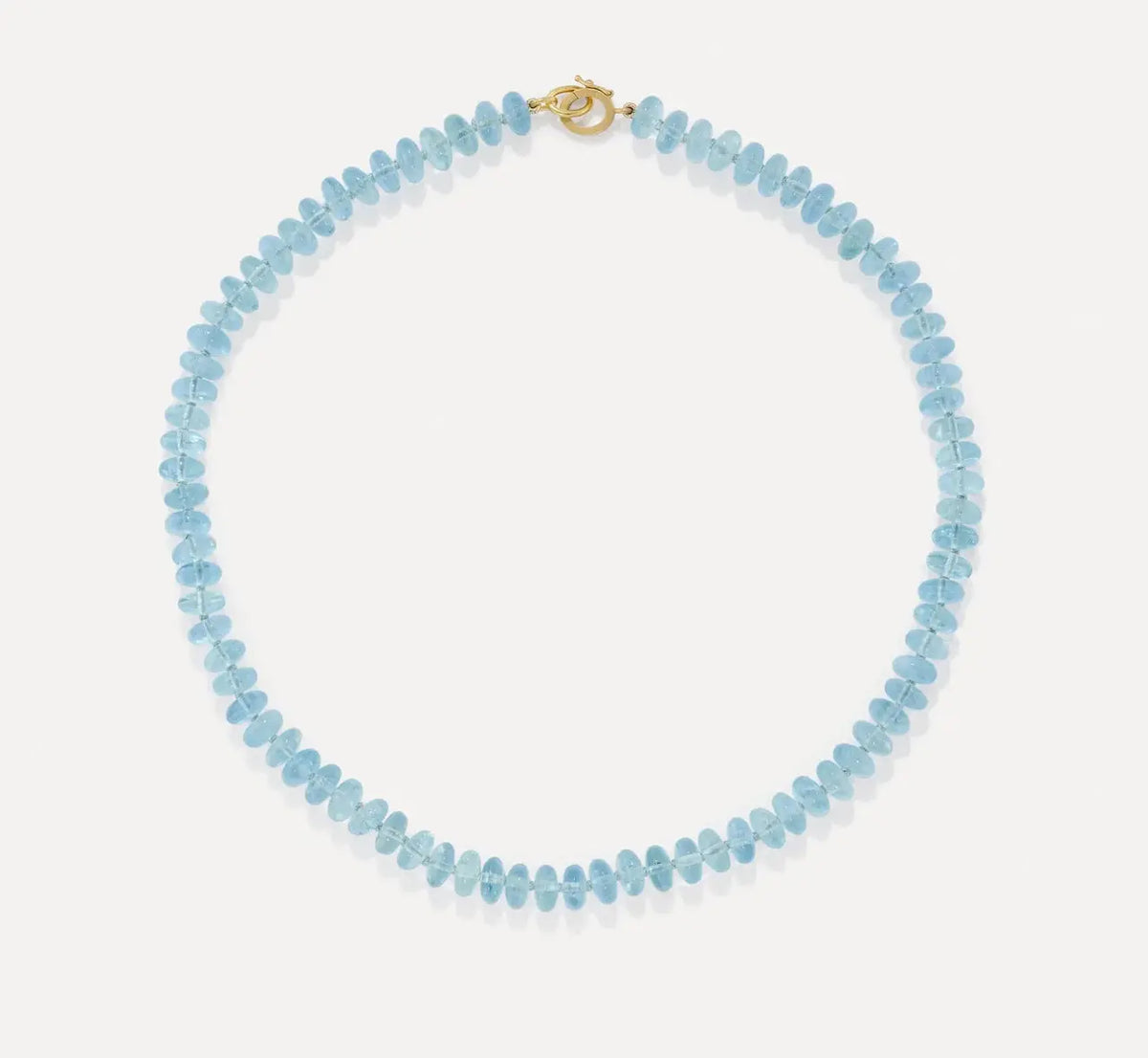Irene Neuwirth&#39;s beaded candy collection necklace in Aquamarine. This is piece is hand string and knotted between each bead. The clasp is 18k yellow gold and the length is 16 inches.